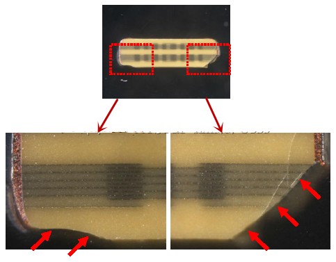 從破裂的現(xiàn)象與電容廠商切片的照片看來，破裂的痕跡從端接處以斜角裂開，電容零件的確像是機械外應力所造成的破裂。
