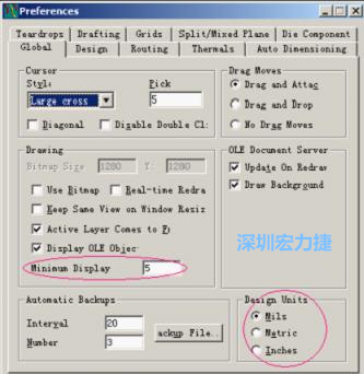 改單位Global→Design Units；改最小顯示線寬Global→Drawing