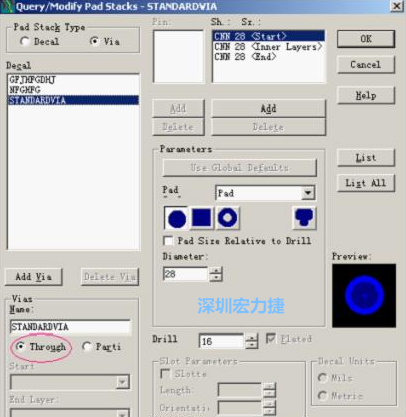 分析文件完成后，點擊菜單Setup→Pad Stacks調出焊盤堆設置窗口，將Pad Stack Type改為Via