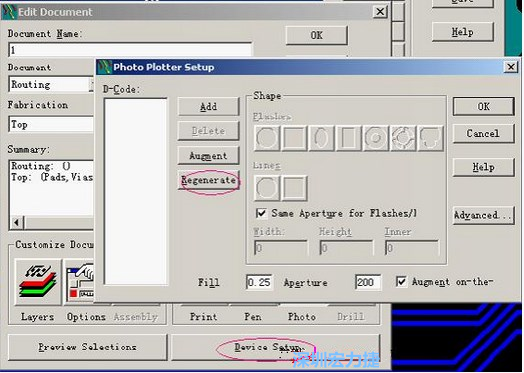 當(dāng)Gerber和鉆孔都設(shè)置完后，選擇一貼片元件較多的層（一般為T(mén)op層），點(diǎn)擊Device SetupPhoto，將 Plotter Setup窗口D-Code欄原有的D碼刪除并按Regenerate重新生成