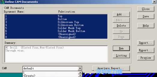 回到Dsfine CAM Documents窗口 ，將所有須輸出的文件用鼠標(biāo)拉住選擇，按Run輸出，默認(rèn)輸出路徑是安裝目錄的\CAM\default，也可按CAM的Create更改