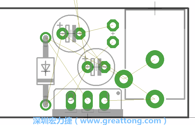 如同第一篇的步驟，我們將從電源迴路開始著手，移動(dòng)電源插座（Power Jack）、電壓調(diào)整器、二極體、兩個(gè)電容和輔助接頭JP1到如上圖所示的位置。