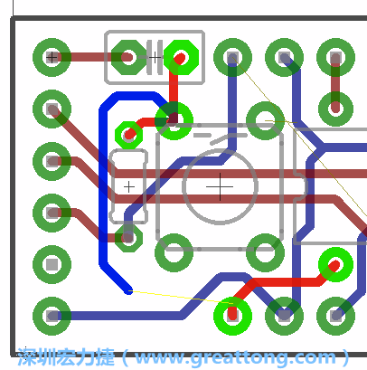 要在電路板正面進(jìn)行+5V信號(hào)線連結(jié)和其他連結(jié)點(diǎn)的布線工作是非常容易的，而重置信號(hào)線（信號(hào)線用來連結(jié)電路板正面左邊的重置開關(guān)）需要經(jīng)過一個(gè)可以通過電路板正反兩面的電路通道，這個(gè)通道是一個(gè)可以讓電路板正反兩面線路連接的一個(gè)小孔。